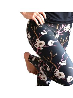 LEGGINGS DEPOT Black & Pink Floral Print Full Length Leggings Size 12 NWT